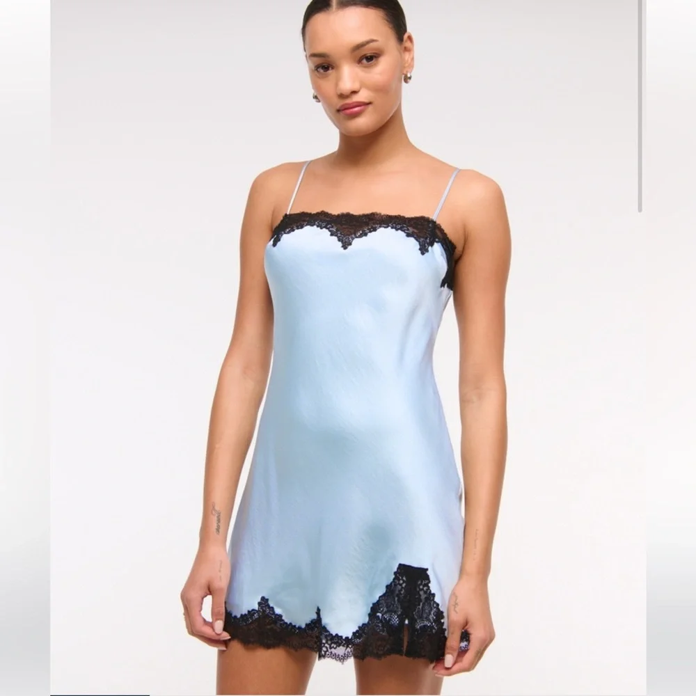 Abercrombie & Fitch Dark Brown Satin Black Lace Trim Slip Mini Dress NWT - Picture 8 of 12